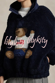 American Retro Polo Bear Pattern Stand Button Neck Long Sleeve Fleece Pullover