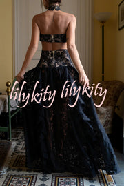 A Girls' Trip Lace High Neck Cutout Drop Waist Ruffles Maxi Dress