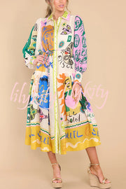 Boldness and Art Unique Print Balloon Sleeve Patchwork Shirt Midi Dress