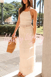 Feel Chic and Romantic Sequin Textured Material Drawstring Waist Tiered Maxi Skirt