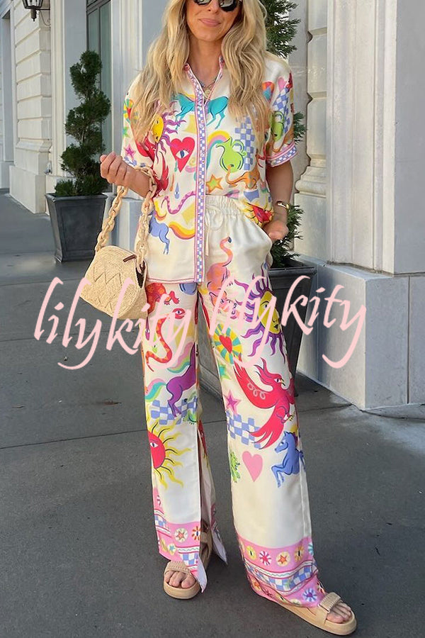 Colorful Vibes Satin Unique Print Short Sleeve Loose Shirt and Elastic Waist Pocket Slit Pants Set