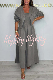Solid Color Casual Short Jacket and Suspender Pleated Maxi Dress Set