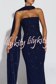 Pandra Glittery Crepe Fabric Off Shoulder Ruched Slit Cape Maxi Dress