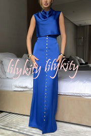 Solid Color Casual Sleeveless Crop Top and Elegant Button-down Maxi Skirt Set