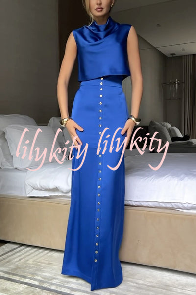 Solid Color Casual Sleeveless Crop Top and Elegant Button-down Maxi Skirt Set