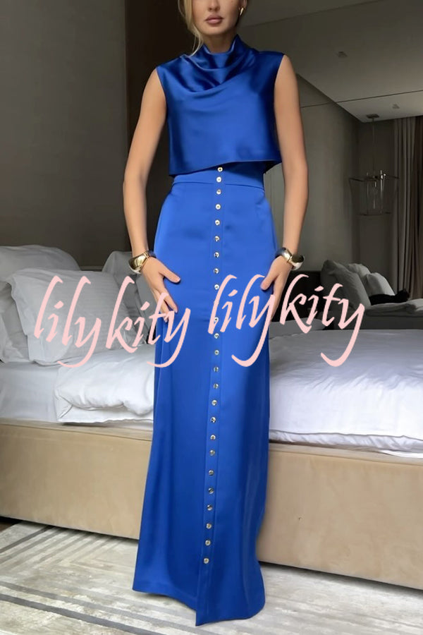 Solid Color Casual Sleeveless Crop Top and Elegant Button-down Maxi Skirt Set