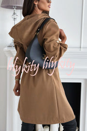 Effortless and Warm Textured Fabric Drawstring Waist Pocket Hooded Midi Coat