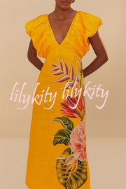 Plant Print V-neck Open Back Holiday Style Slit Midi Dress