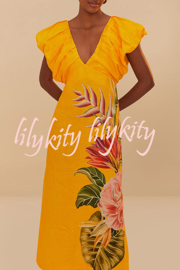 Plant Print V-neck Open Back Holiday Style Slit Midi Dress