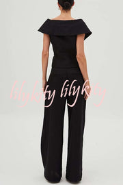 Velena Linen Blend Button Up Lapel Top and High Rise Pocket Wide Leg Pants Set