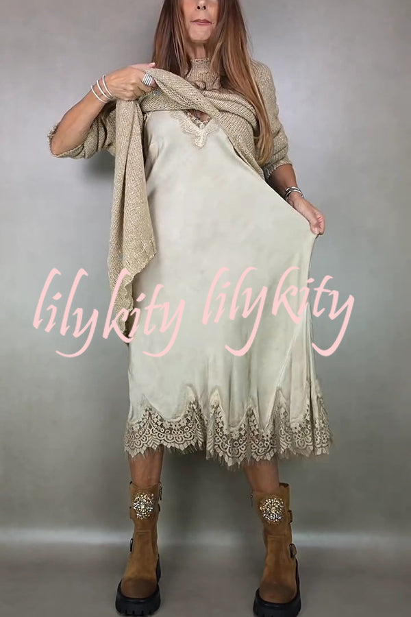 Fashionable V-neck Suspender Lace Splicing Casual Midi Dress