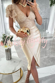 Dreamy Luxury Lace and Satin Patchwork Ruffle Sleeve Ruched Midi Dress