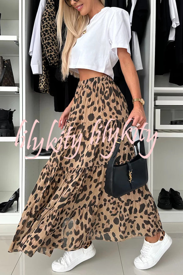 Unique and Comfortable Leopard Print Elastic Waist A-line Layered Maxi Skirt