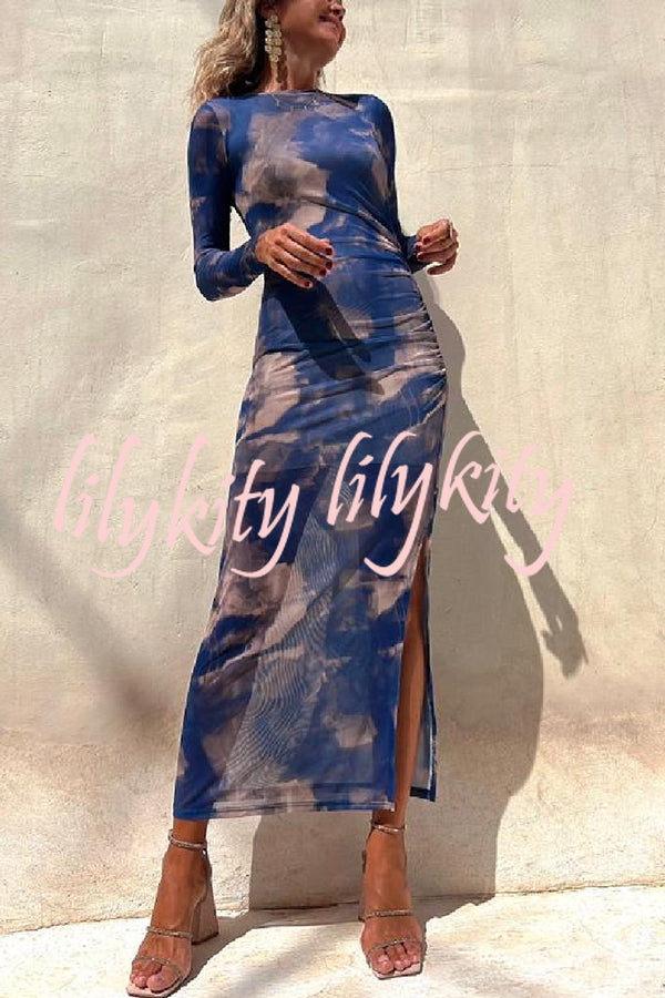 Charm Lady Mesh Overlay Tie Dye Print Long Sleeve Ruched Stretch Midi Dress