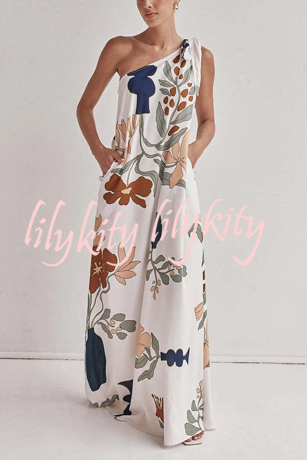 Matches The Vacation Unique Print One Shoulder Tie-up Pocketed Loose Maxi Dress