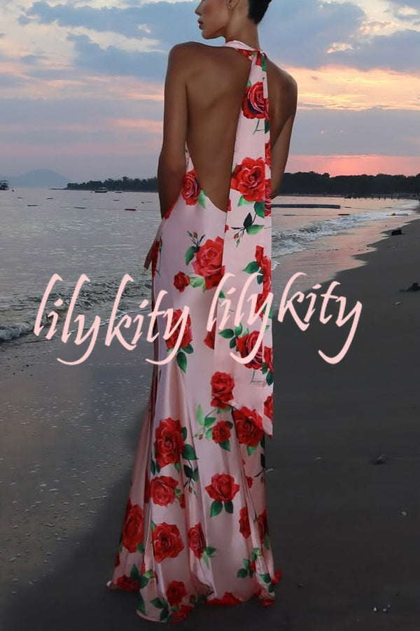 Rose Print Sexy Halter Neck Strappy Backless Slim Fit Maxi Dress