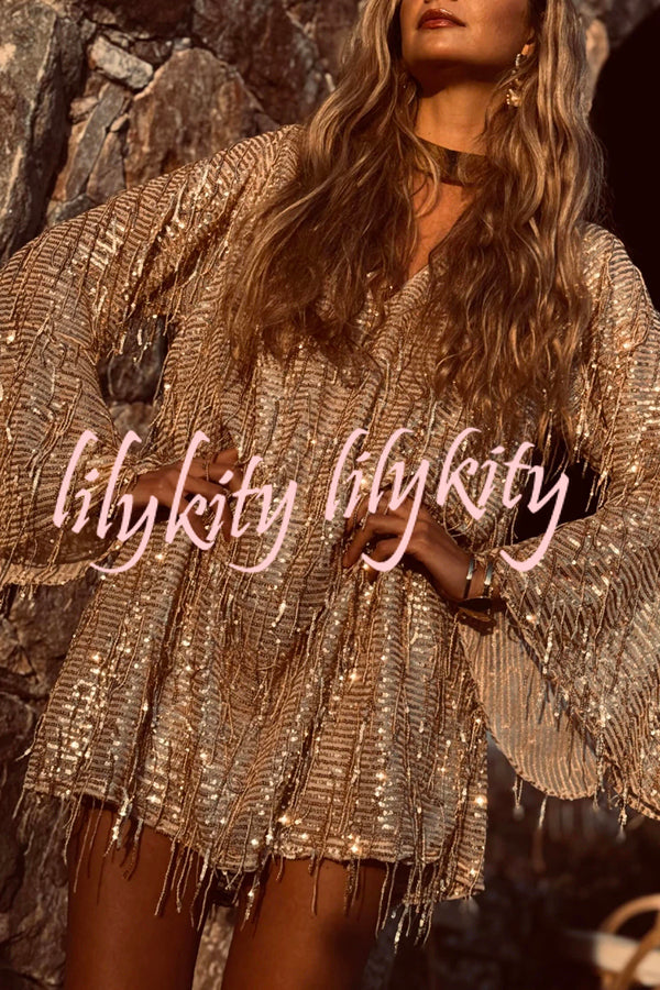 Flowing Shimmer Sequin Tassel Fabric Bell Sleeve Back Tie-up Loose Mini Dress