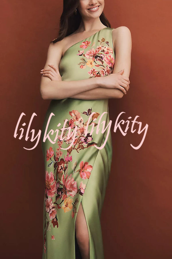 Wedding  Guest Satin Floral Print One Shoulder Side Slit Maxi Dress