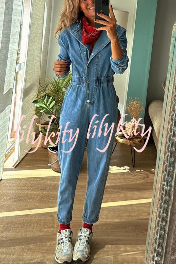 Carey Denim Button Up Long Sleeve Elastic Waist Pocketed Loose Jumpsuit