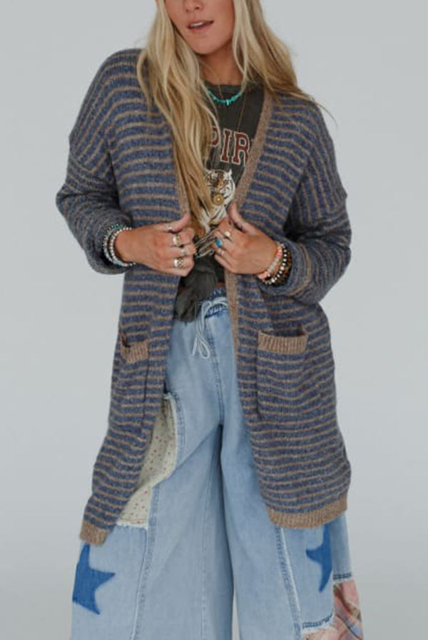 Fashion Contrast Striped Loose Long-sleeved Mid-length Knitted Cardigan