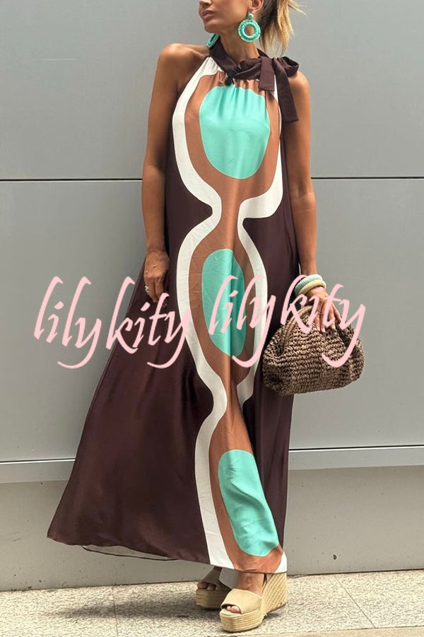 Unique Print Sleeveless Halter Neck Loose Holiday Maxi Dress