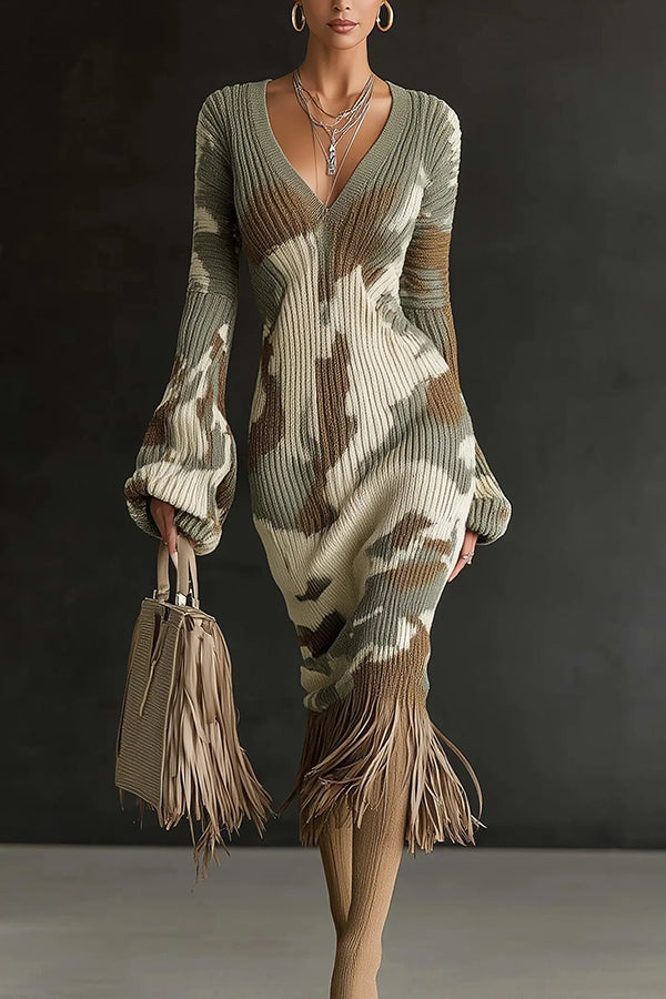 Unique Printed V-neck Long-sleeved Elegant Tassel Hem Midi Dress