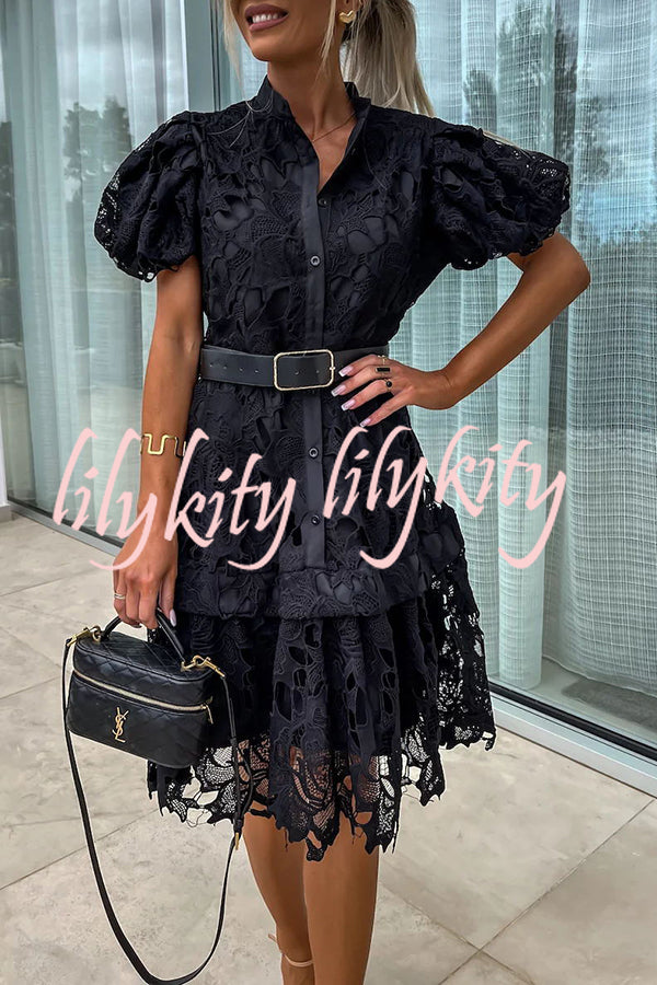 Absolutely Elegant Floral Crochet Lace Puff Sleeve Belted Shirt Midi Dress