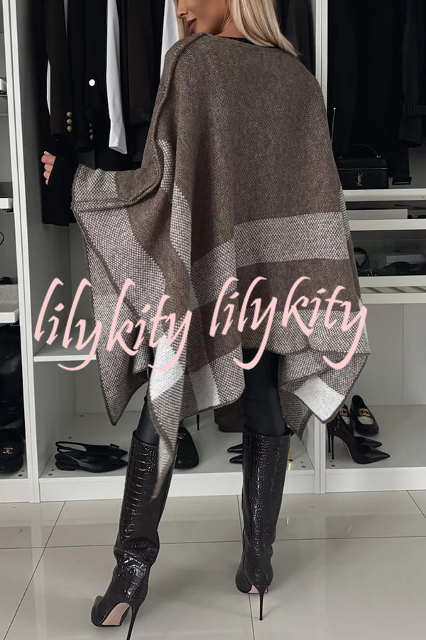 Calm and Elegant Knit Plaid Color Block Batwing Sleeve Loose Poncho