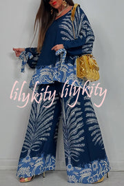 Unique Print Loose Drawstring Long Sleeve Top and Elastic Waist Casual Pocket Wide Leg Pants Set