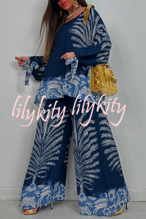 Unique Print Loose Drawstring Long Sleeve Top and Elastic Waist Casual Pocket Wide Leg Pants Set