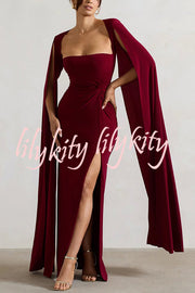 Elegant Goddess Square Neck Twisted Cape Sleeve Slit Maxi Dress