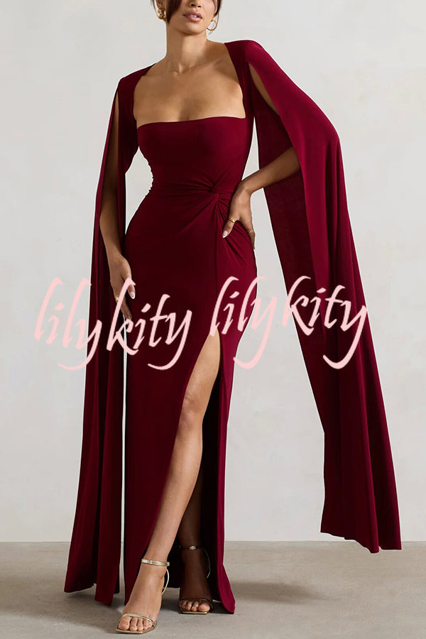 Elegant Goddess Square Neck Twisted Cape Sleeve Slit Maxi Dress