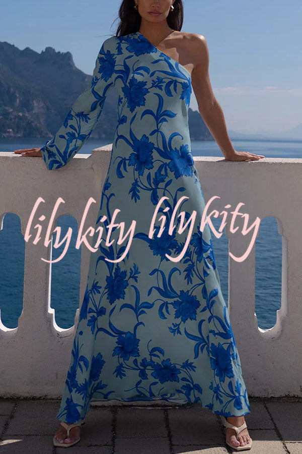 Satin Botanical Print One-Sleeve Resort Maxi Dress