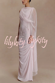 Fashionable Mesh Shawl Sleeveless Slim Fit Pleated Maxi Dress