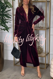 Creating Romance Velvet Ruched Drape Long Sleeve Stretch Maxi Dress