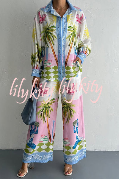 Holiday Style Print Loose Long Sleeve Shirt and Elastic Waist Loose Pocket Wide Leg Pants Set