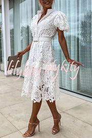 Absolutely Elegant Floral Crochet Lace Puff Sleeve Belted Shirt Midi Dress