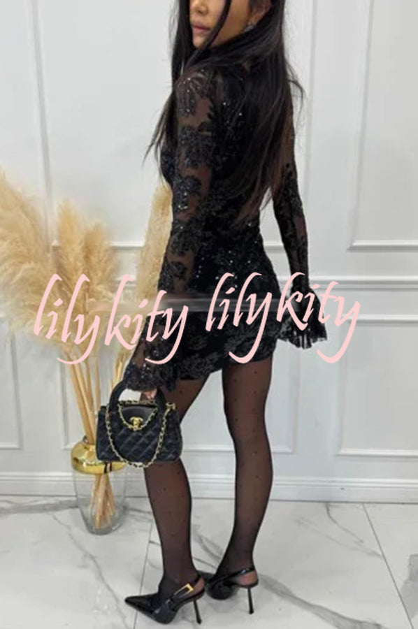 Deep and Dazzling Floral Texture Sequin Long Bell Sleeve Open Back Mini Dress