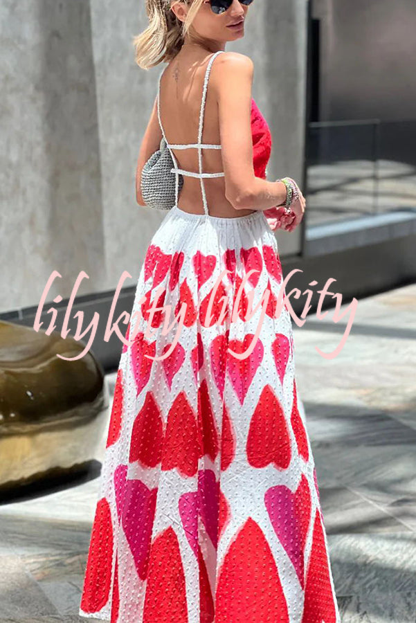 Full of Love Heart Shape Print Cutout Spaghetti Strap Backless Maxi Dress