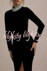 Love Lost Velvet Embellished High Neck Long Sleeve Twist Slit Maxi Dress