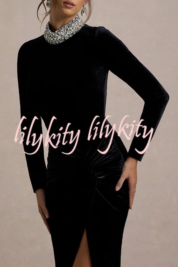 Love Lost Velvet Embellished High Neck Long Sleeve Twist Slit Maxi Dress