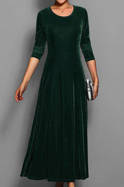 Solid Color Velvet Round Neck Long Sleeve Slim Midi Dress