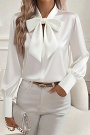 Satin Solid Color Casual Bow Long Sleeve Shirt