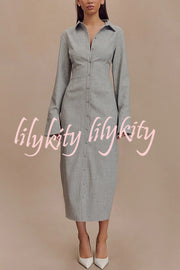 Elegant Energy Button Up Long Flare Sleeve Fitted Shirt Midi Dress