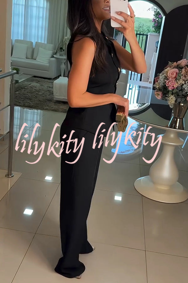 Fashion Lapel Sleeveless Button Vest and Casual Straight-leg Suit Pants Set