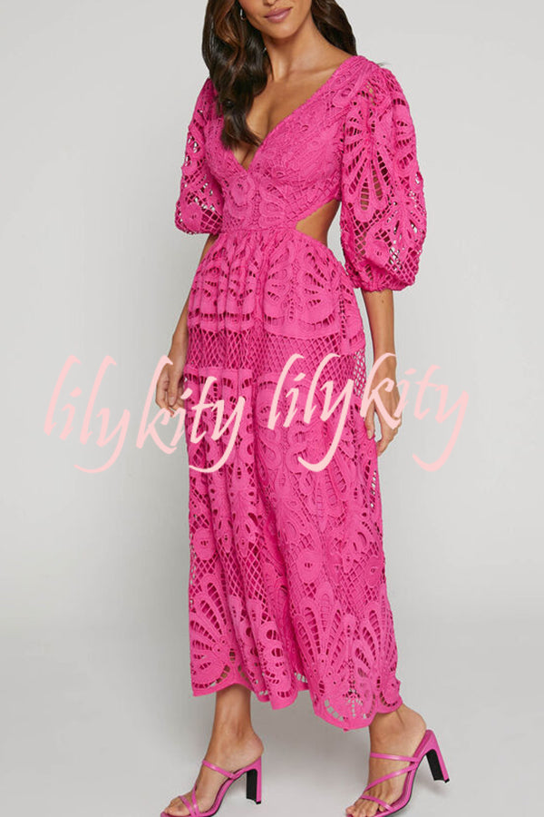 Solid Color V neck Hollow Lace Waistless Sexy Maxi Dress