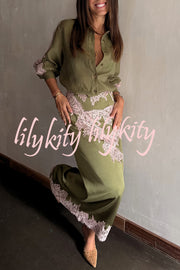 Eye-catching Work Contrast Color Satin Lace Trim Mid Rise Maxi Skirt