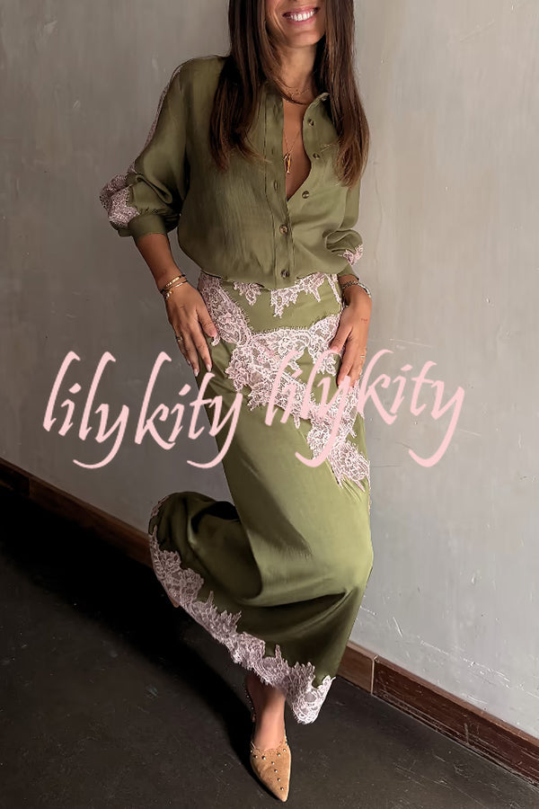 Eye-catching Work Contrast Color Satin Lace Trim Mid Rise Maxi Skirt