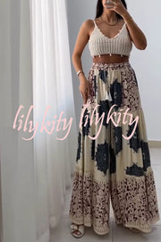 Unique Print Elastic High Waist Tie Pocket Holiday Style Wide Leg Pants