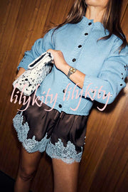 Eye-catching Work Contrast Color Satin Lace Trim Elastic Waist Pocket Shorts